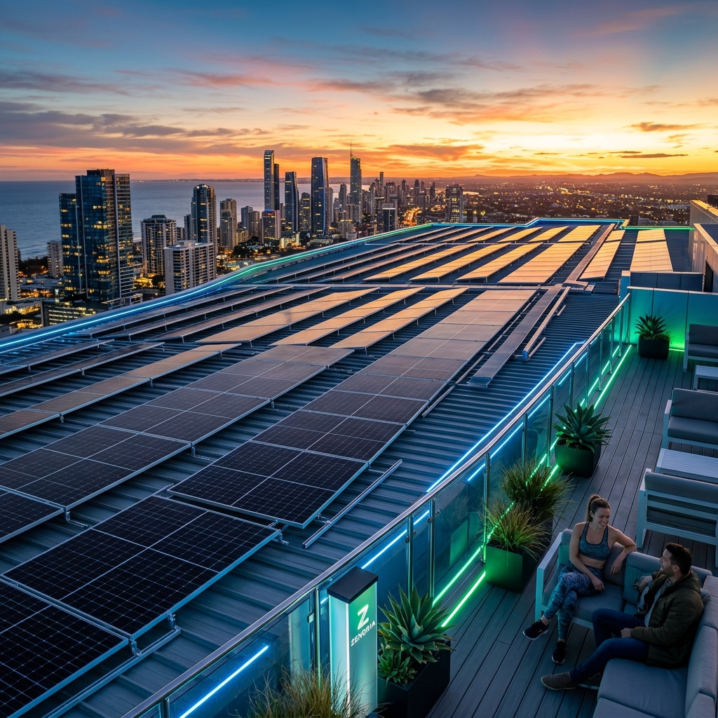 Modern rooftop solar installation at sunset